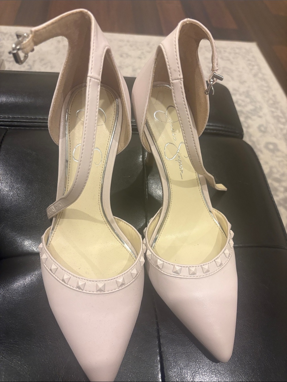 Jessica Simpson Pale Pink T-Strap Pointed-Toe Studded Pumps